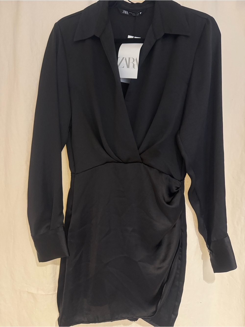 ZARA Black Satin  Long-Sleeve Wrap-Style Mini Dress